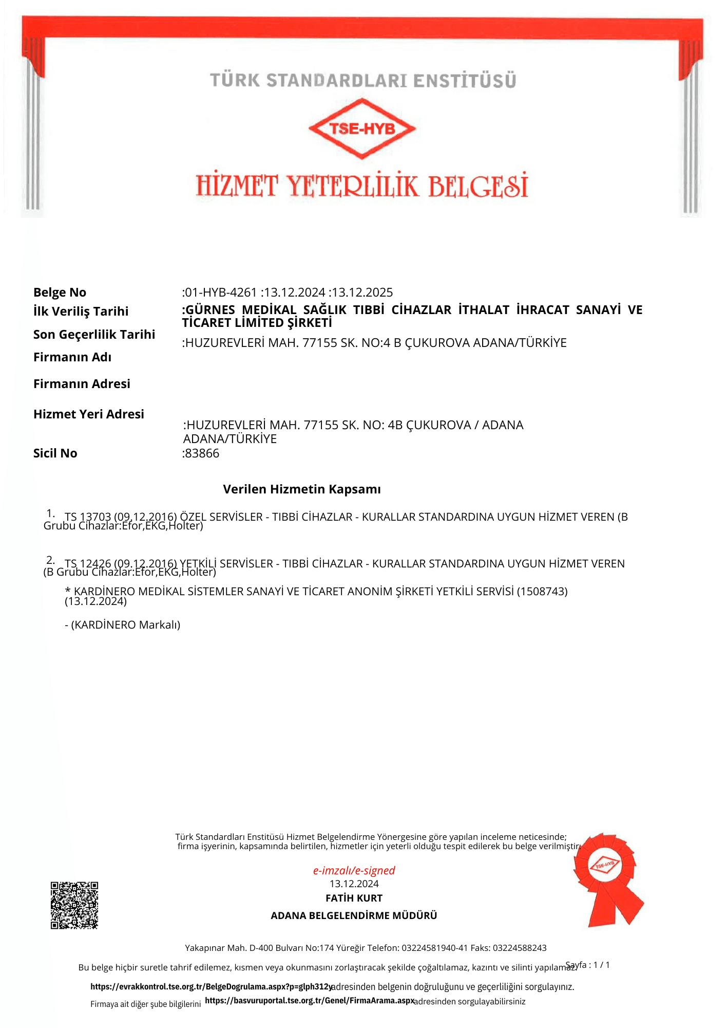 GÜRNES MEDİKAL HİZMET YETERLİLİK BELGESİ HYB